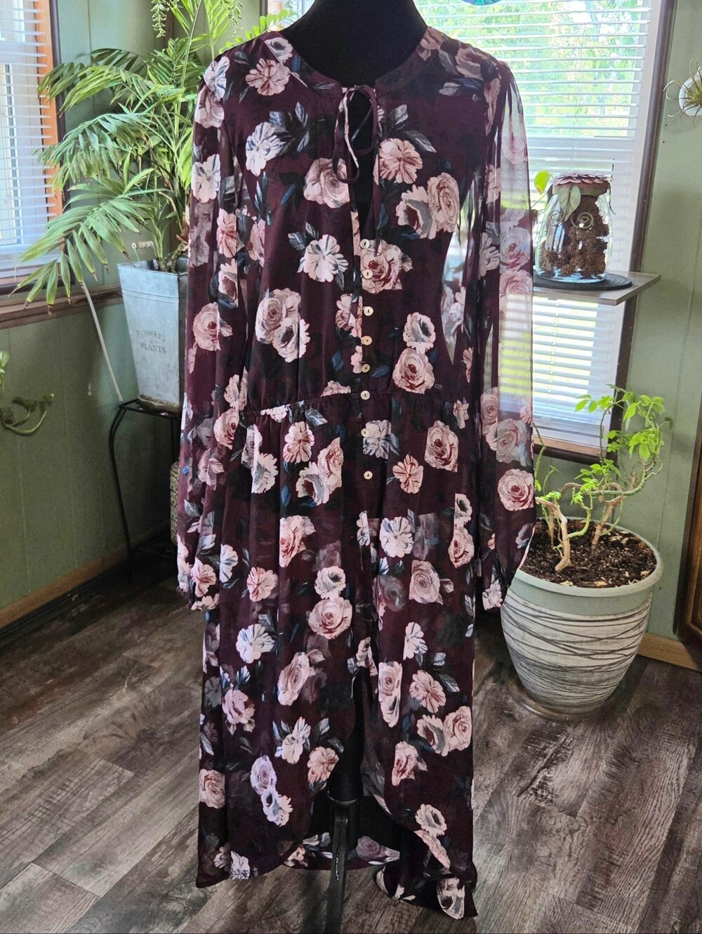 Plus Sheer Burgundy Chiffon Floral Maxi High-Low Fall Floral Dress 0X - Picture 13 of 13